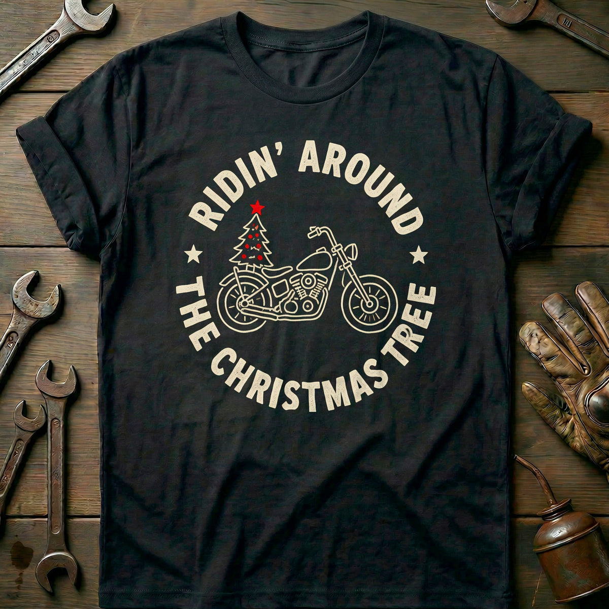Ridin' Around the Christmas Tree Motorcycle T-Shirt Gift For Biker