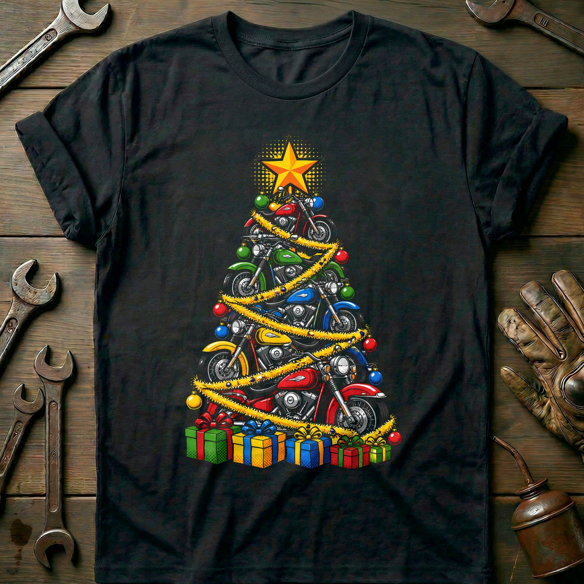 Pop Art Motorcycle Christmas Tree T-Shirt US Gift For Biker