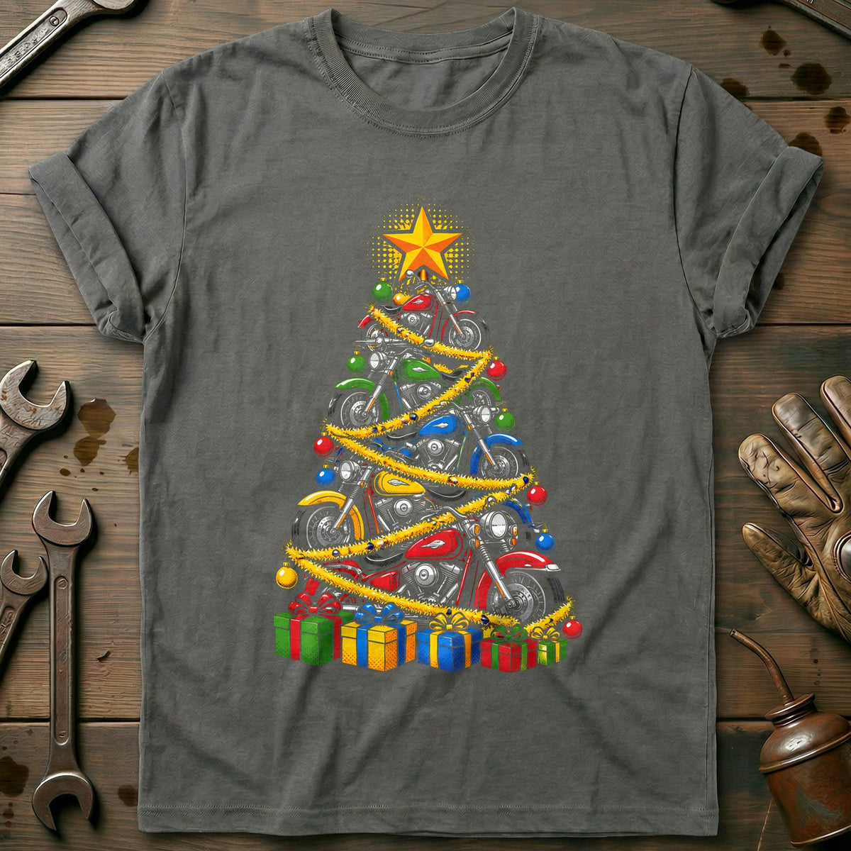 Pop Art Motorcycle Christmas Tree T-Shirt US Gift For Biker