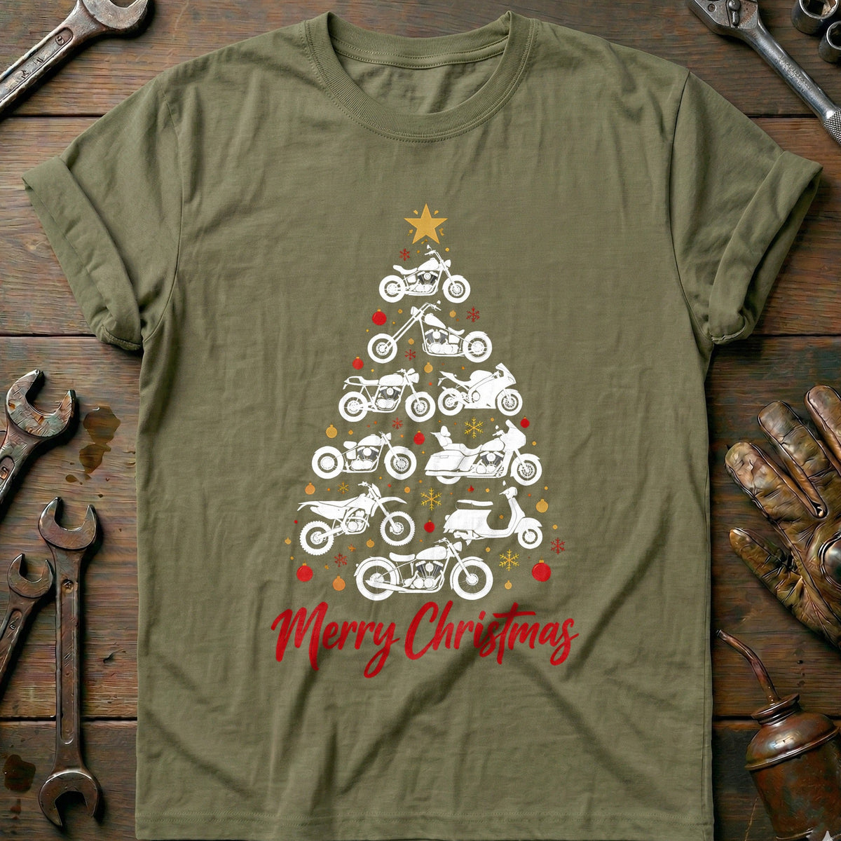 Merry Christmas Motorcycle Tree T-Shirt US Gift For Biker