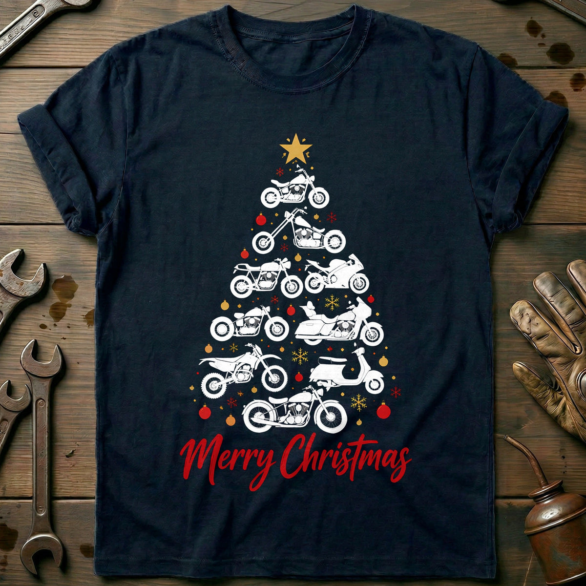 Merry Christmas Motorcycle Tree T-Shirt US Gift For Biker