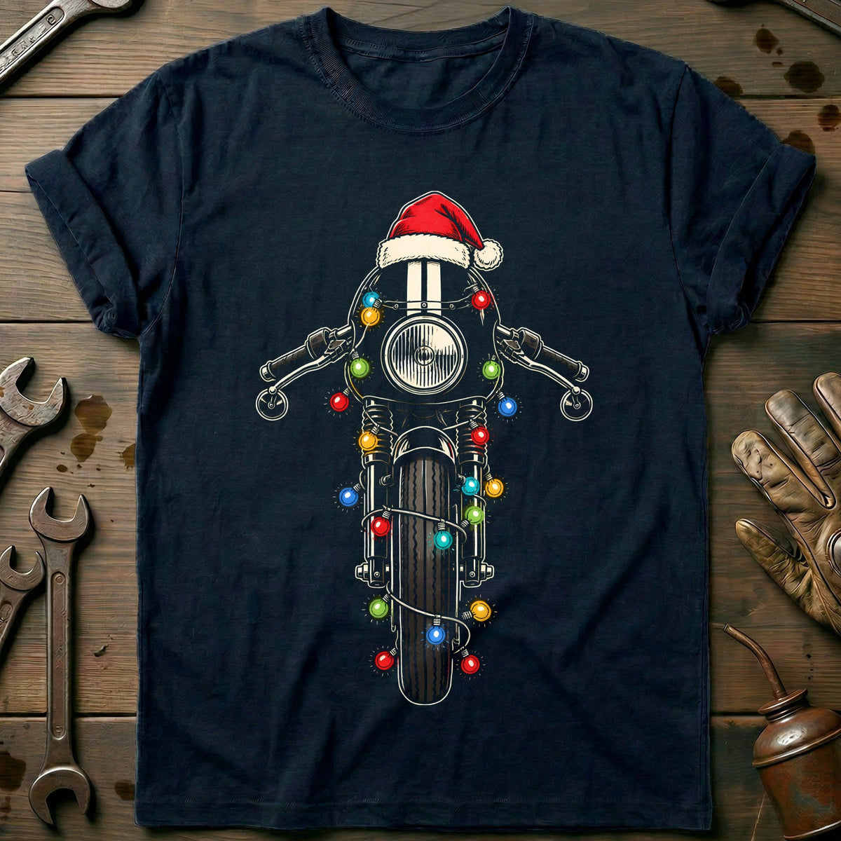 Cafe Racer Christmas Lights Motorcycle T-Shirt US Gift For Biker