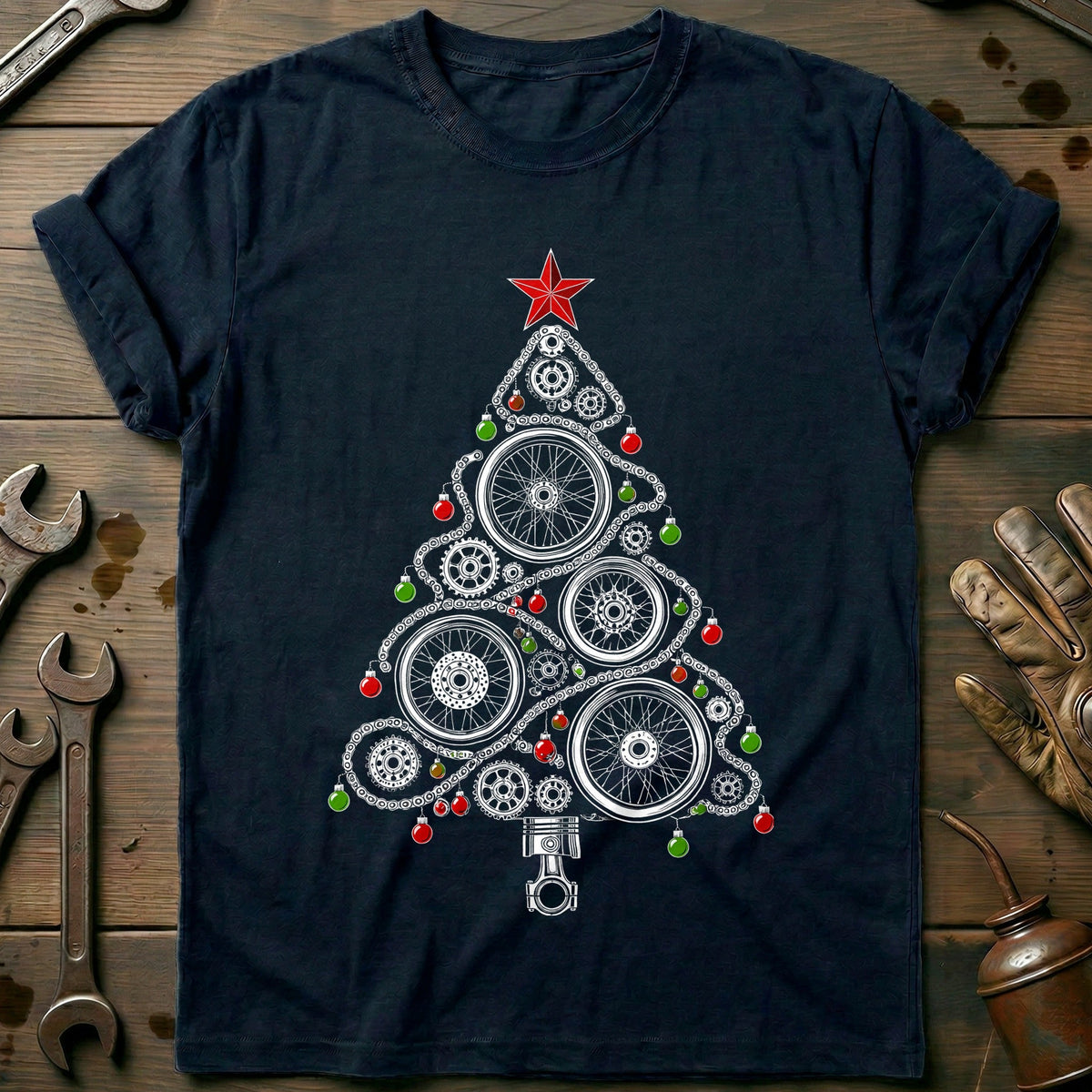 Wheels and Chains Christmas Tree Motorcycle T-Shirt Gift For Biker