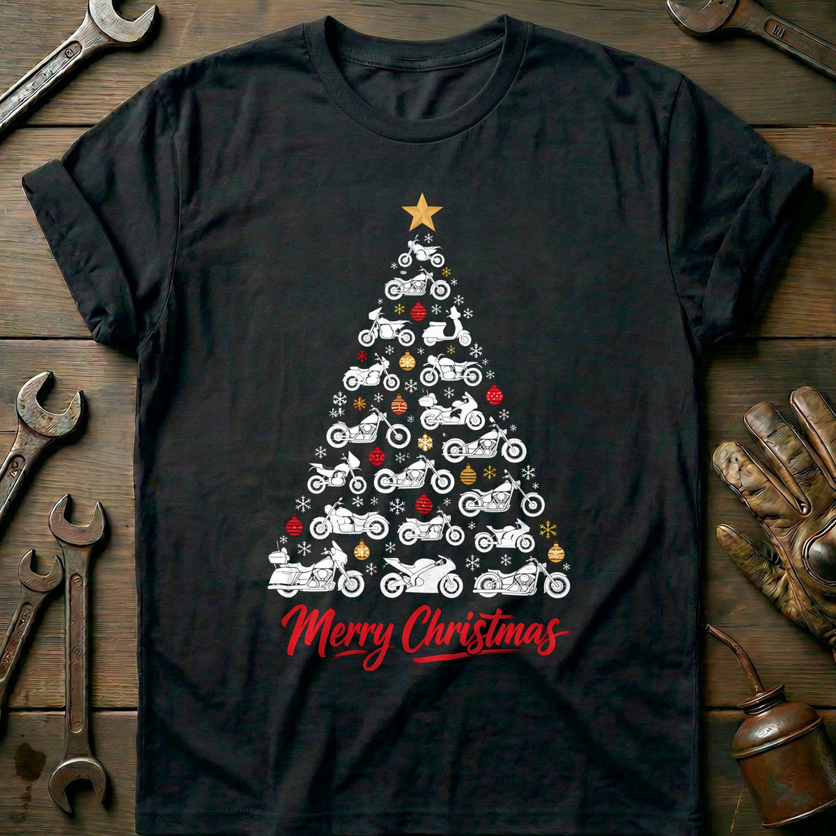 Merry Christmas Motorcycle Tree T-Shirt Gift For Biker