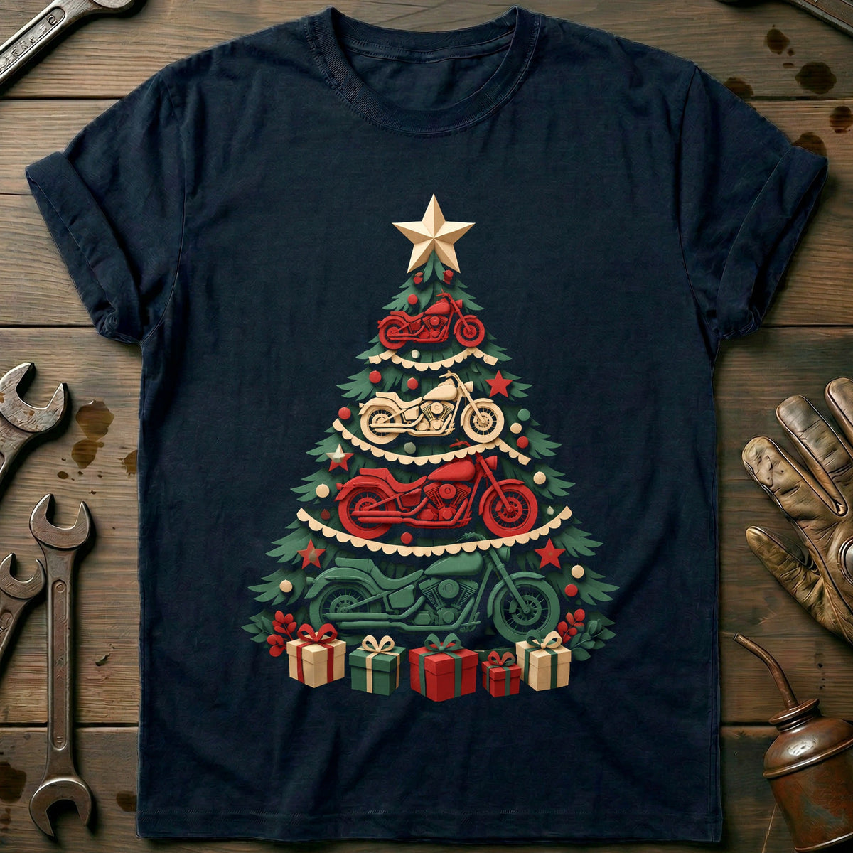 Papercut Motorcycle Christmas Tree T-Shirt US Gift For Biker