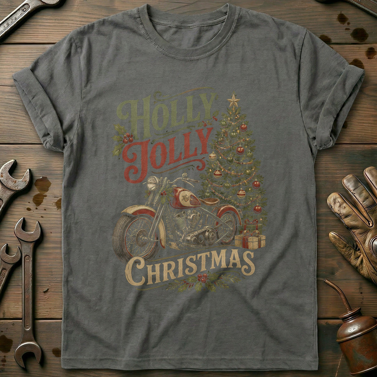 Holly Jolly Christmas Motorcycle T-Shirt US Gift For Biker