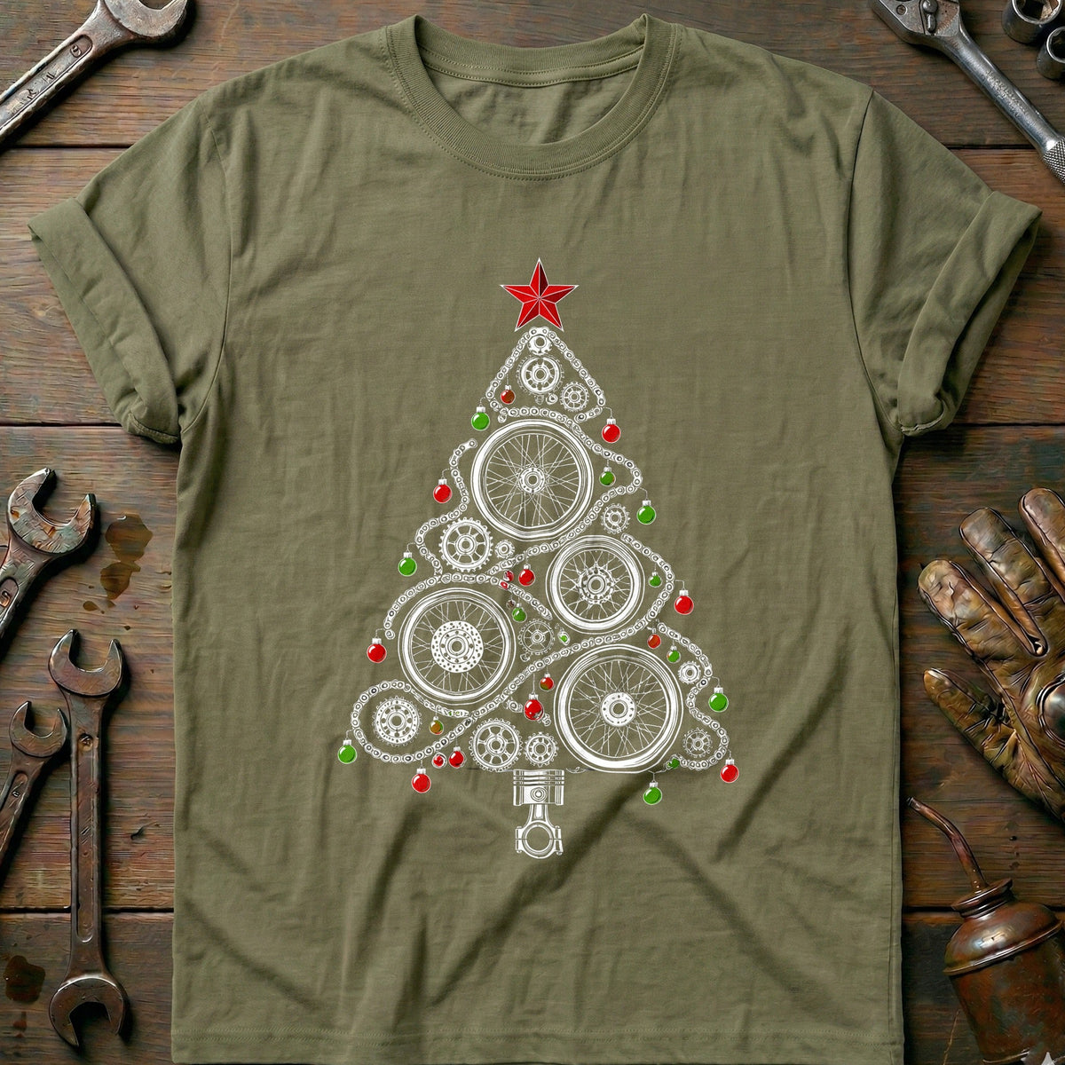 Wheels and Chains Christmas Tree Motorcycle T-Shirt US Gift For Biker