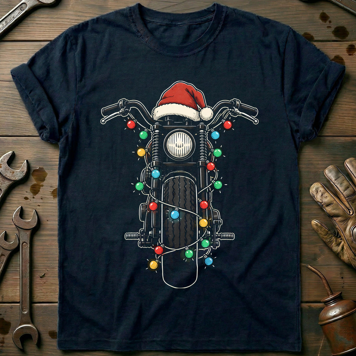Bobber Christmas Lights Motorcycle T-Shirt AU Gift For Biker