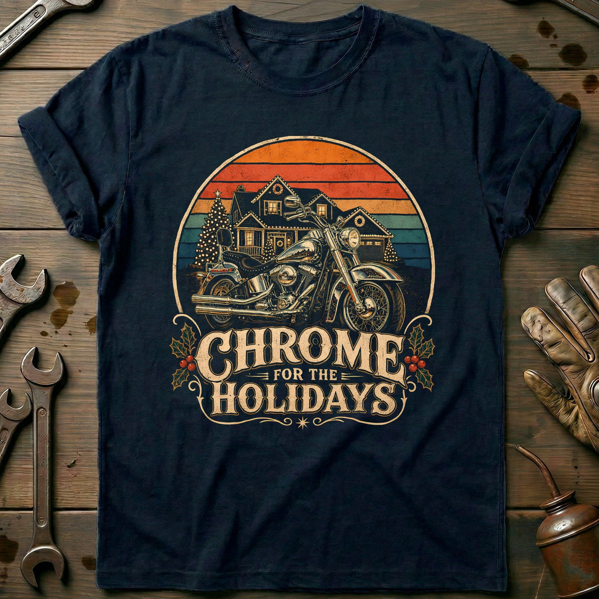Chrome for the Holidays Motorcycle T-Shirt AU Gift For Biker