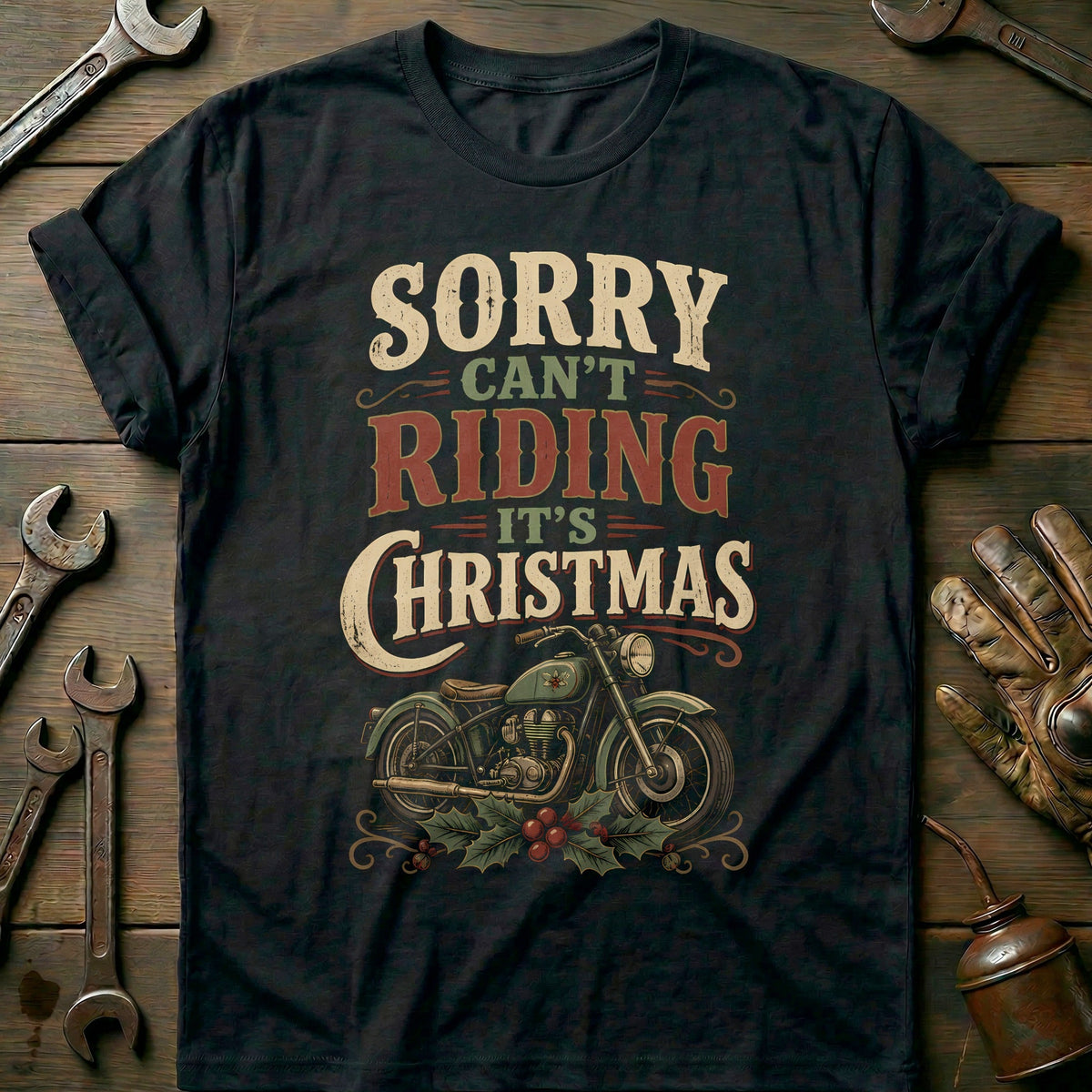 Sorry Can't Riding It's Christmas Motorcycle T-Shirt US Gift For Biker