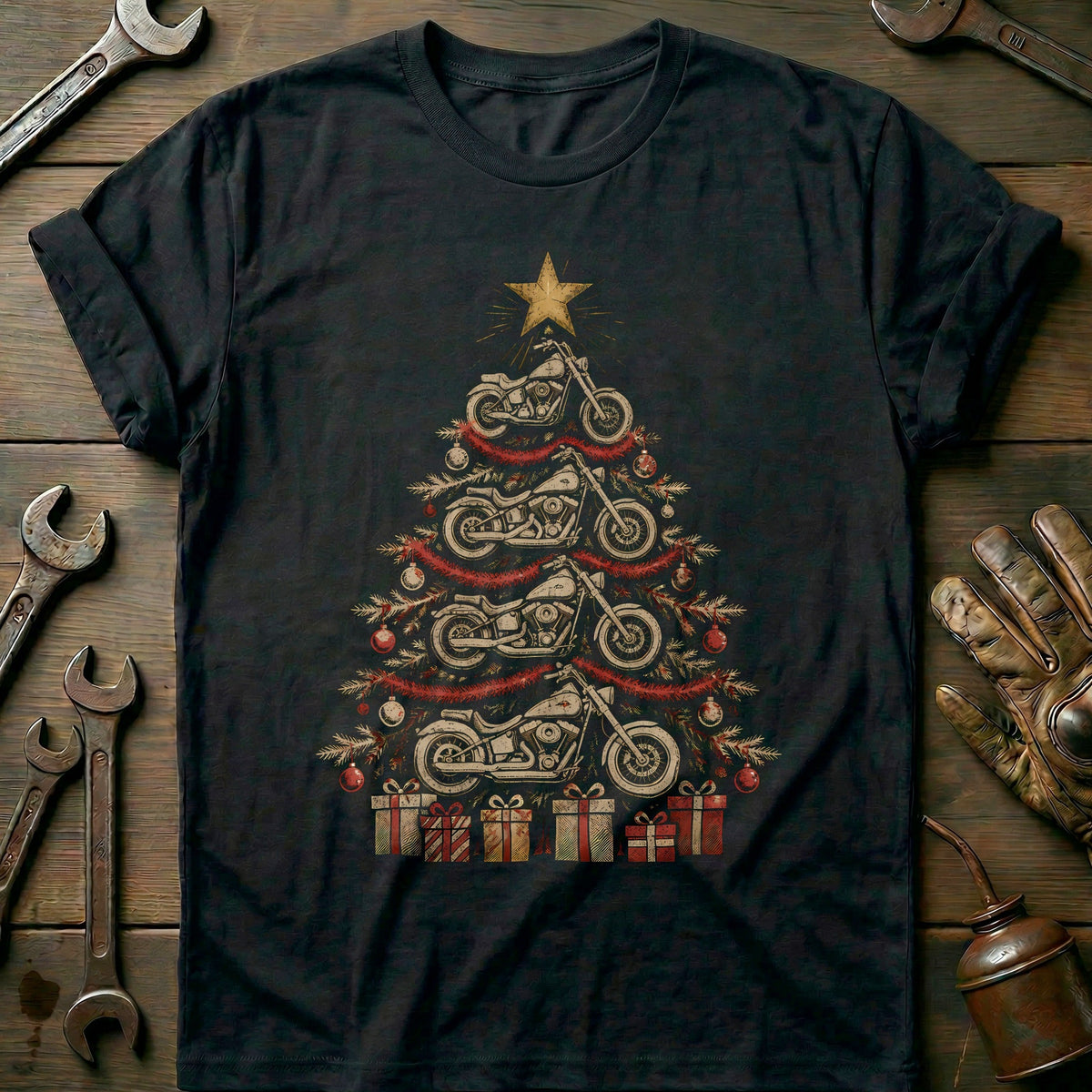 Vintage Motorcycle Christmas Tree T-Shirt US Gift For Biker