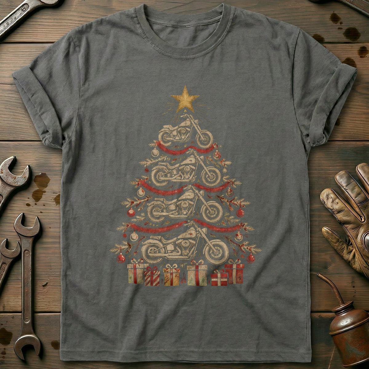 Vintage Motorcycle Christmas Tree T-Shirt US Gift For Biker