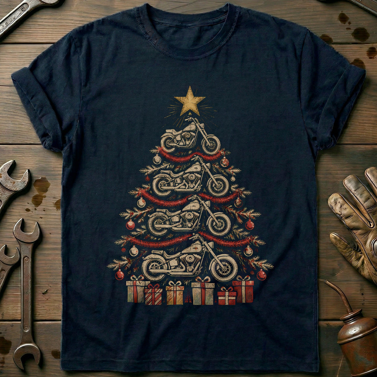 Vintage Motorcycle Christmas Tree T-Shirt US Gift For Biker