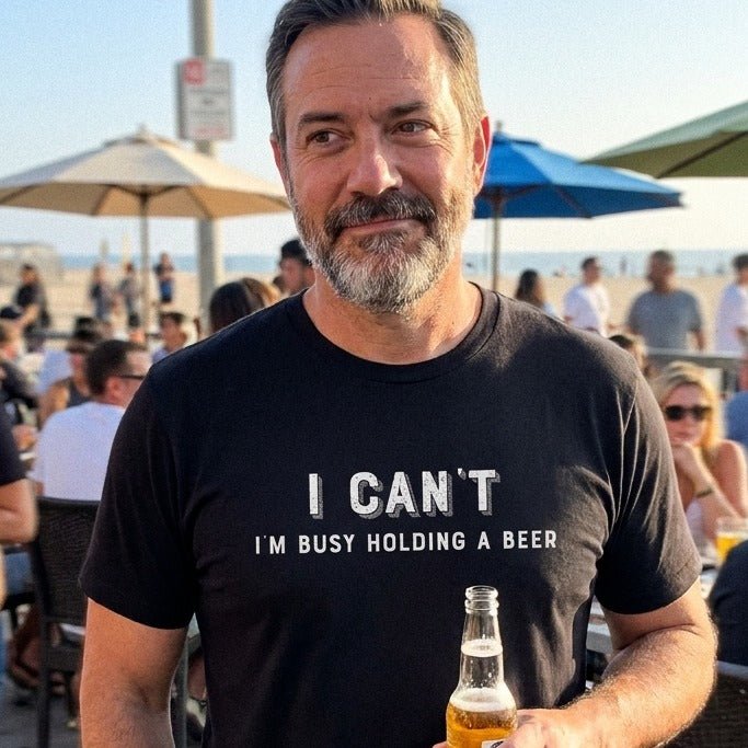 I Can't I'm Busy Holding a Beer T-Shirt Gift For Bourbon Drinker