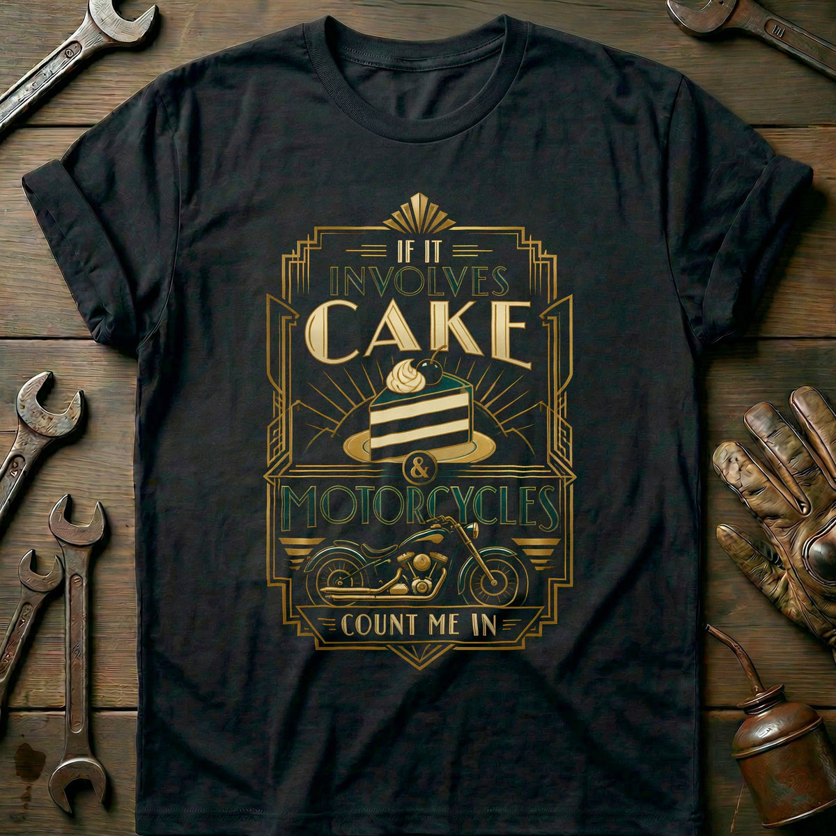 Cake and Motorcycles Art Deco T-Shirt Gift For Biker