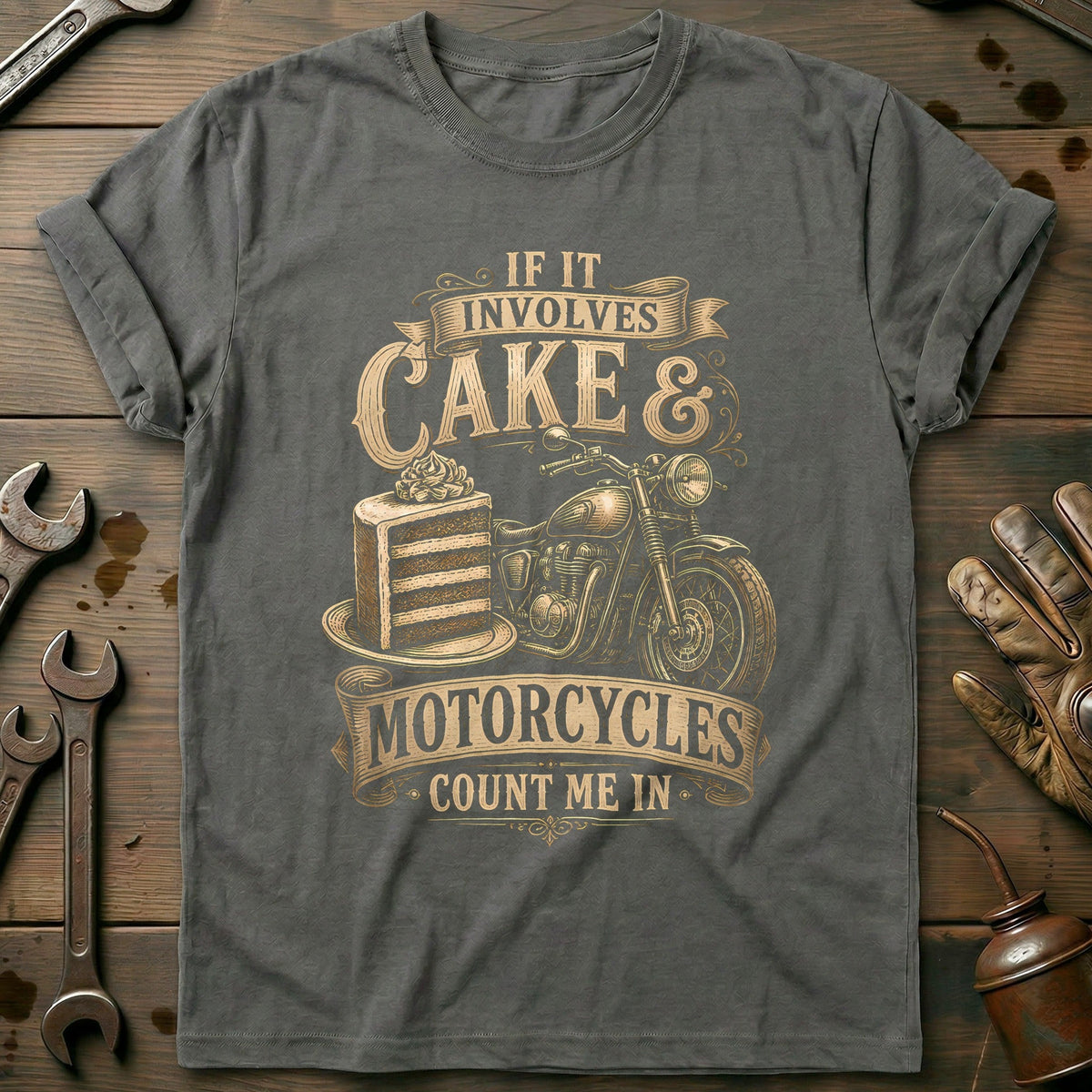 Cake and Motorcycles Woodcut T-Shirt Gift For Biker