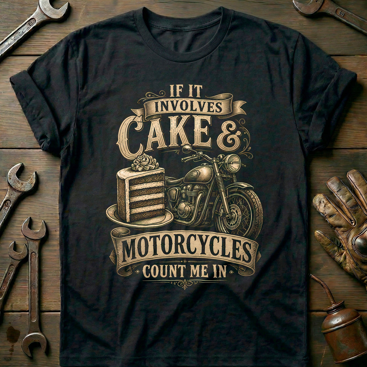 Cake and Motorcycles Woodcut T-Shirt Gift For Biker