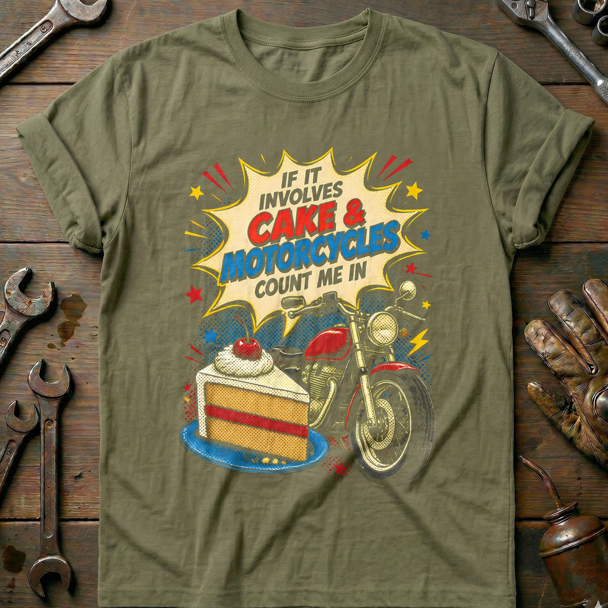 Cake and Motorcycles Popart T-Shirt Gift For Biker