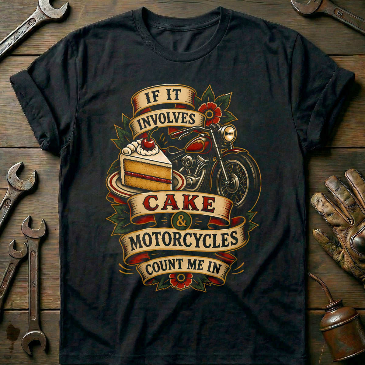 Cake and Motorcycles Tattoo T-Shirt GC Gift For Biker