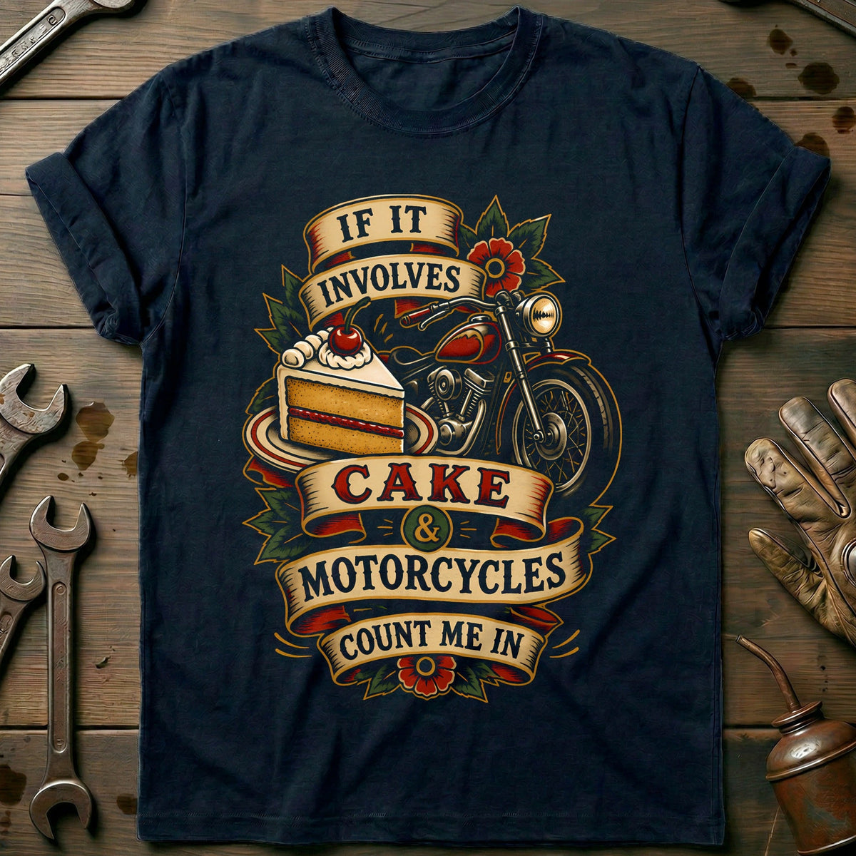 Cake and Motorcycles Tattoo T-Shirt GC Gift For Biker