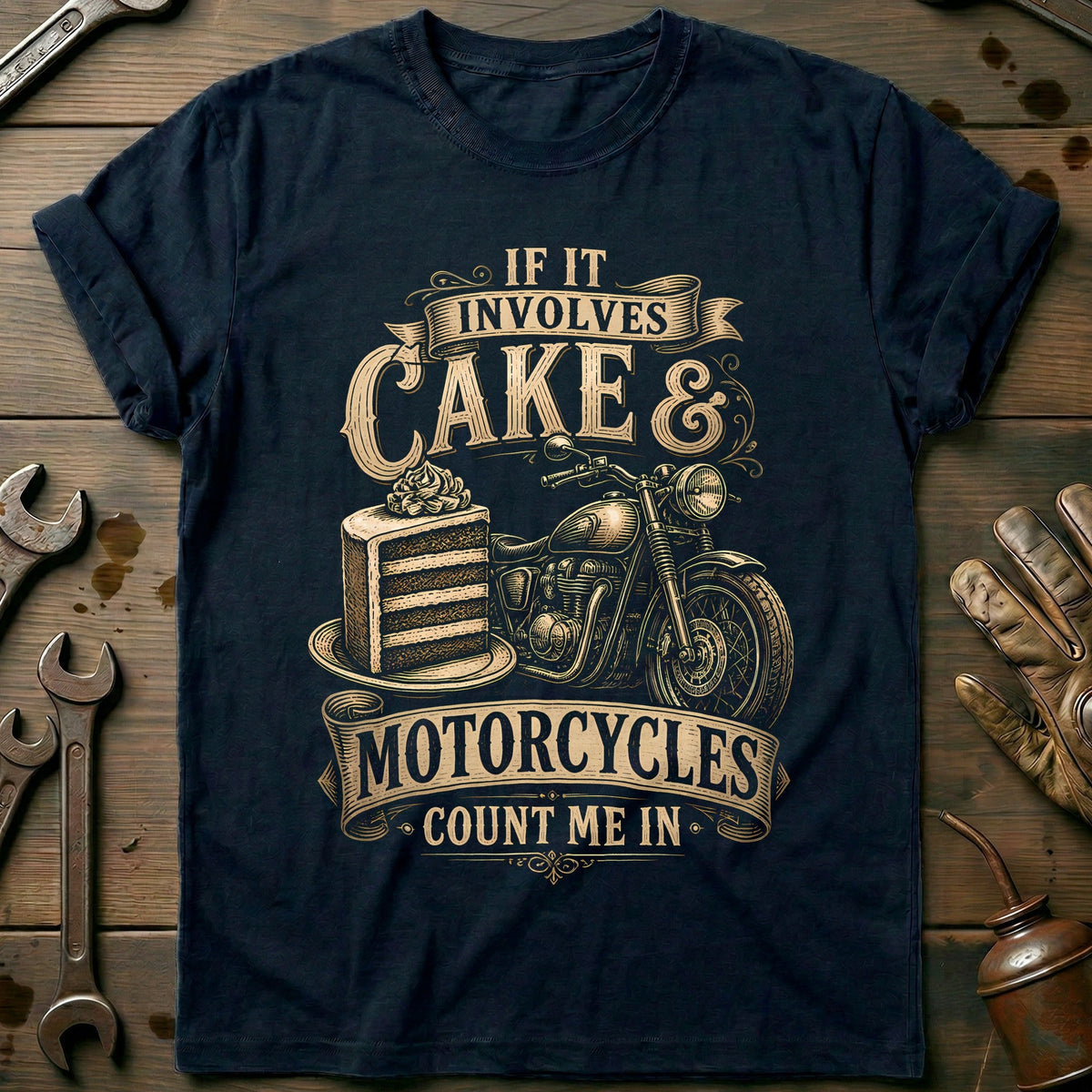 Cake and Motorcycles Woodcut T-Shirt EU Gift For Biker