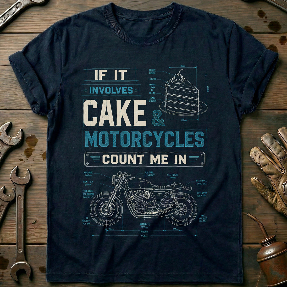 Cake and Motorcycles Blueprint T-Shirt EU Gift For Biker