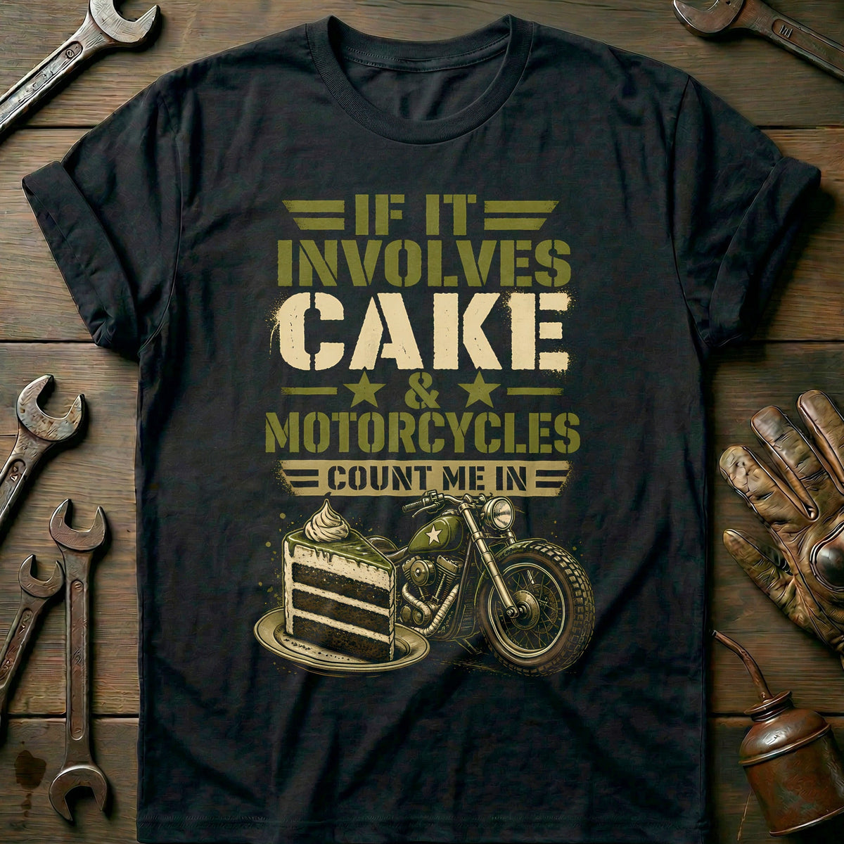 Cake and Motorcycles Stencil T-Shirt GC Gift For Biker