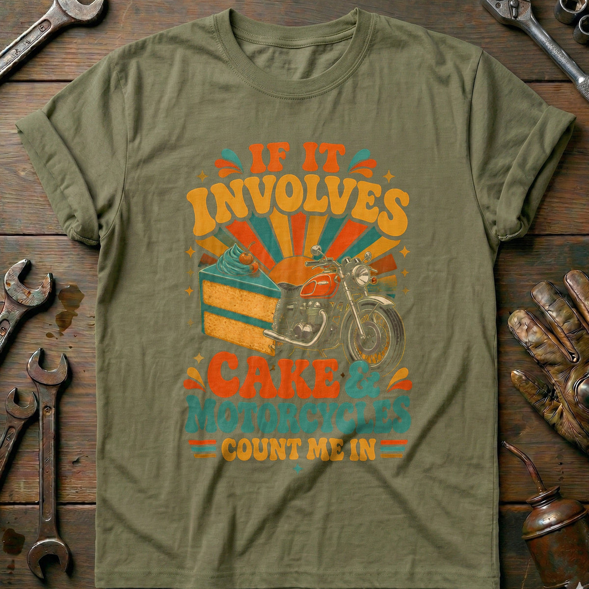 Cake and Motorcycles Groovy T-Shirt AU Gift For Biker
