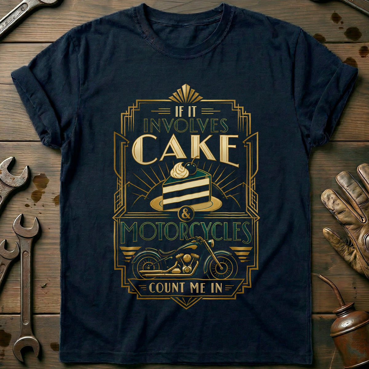 Cake and Motorcycles Art Deco T-Shirt GC Gift For Biker
