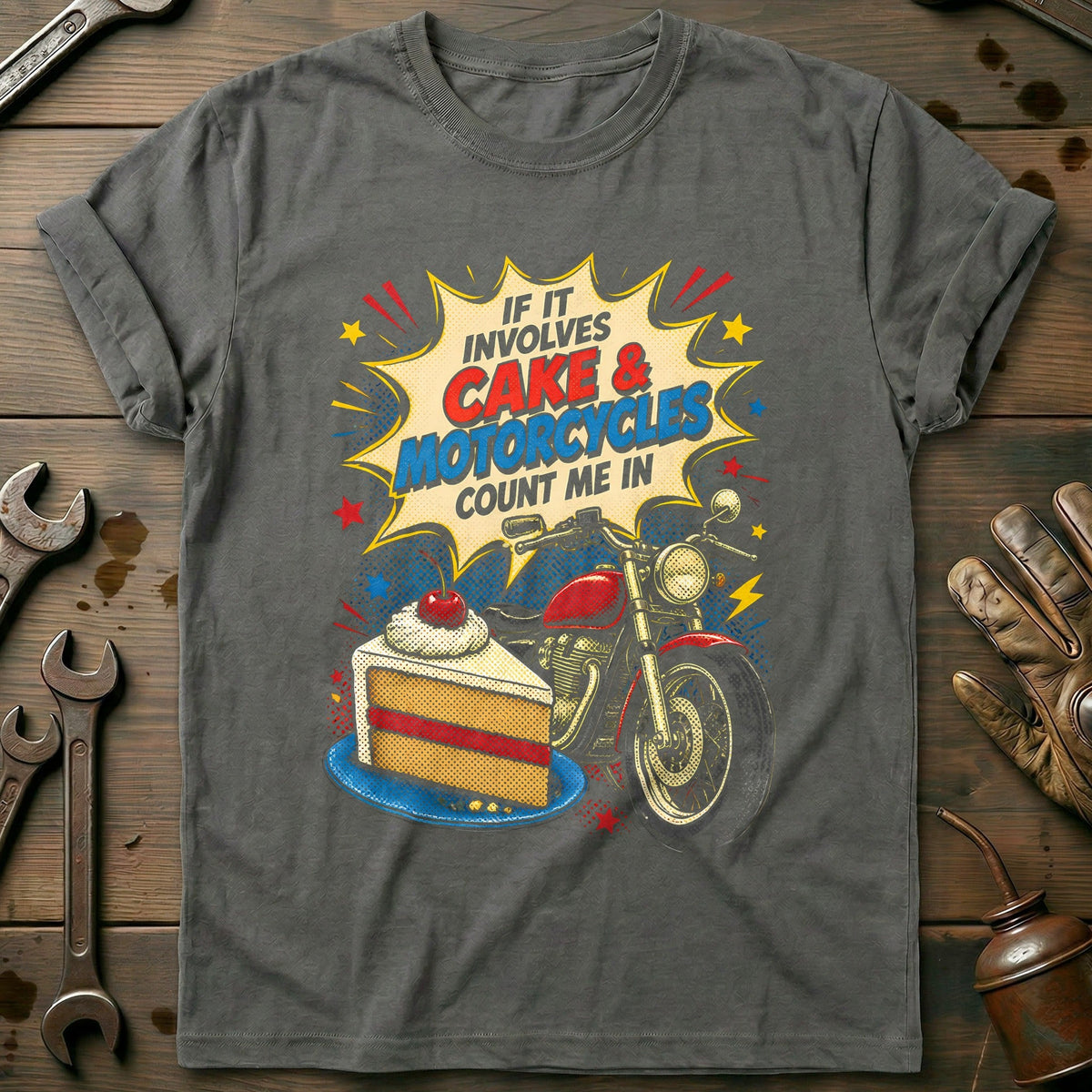 Cake and Motorcycles Popart T-Shirt EU Gift For Biker