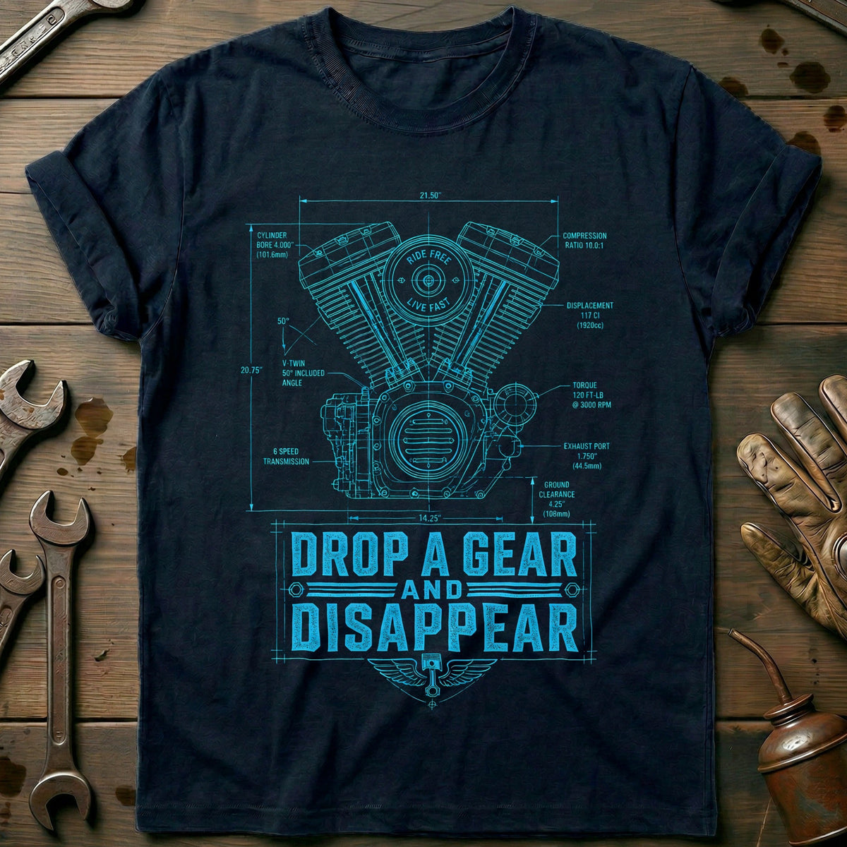 Drop a Gear Blueprint Motorcycle T-Shirt US Gift For Biker