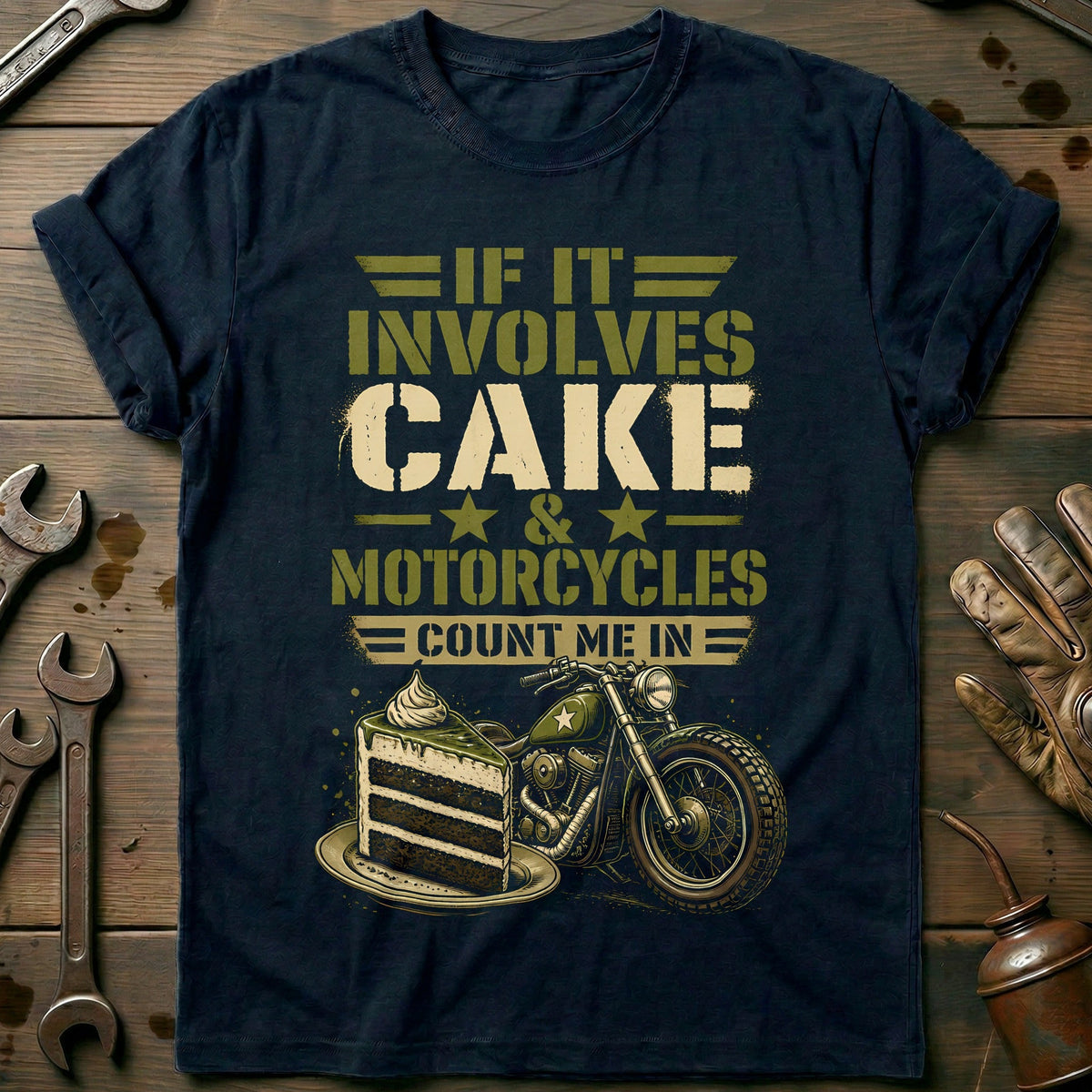 Cake and Motorcycles Stencil T-Shirt AU Gift For Biker