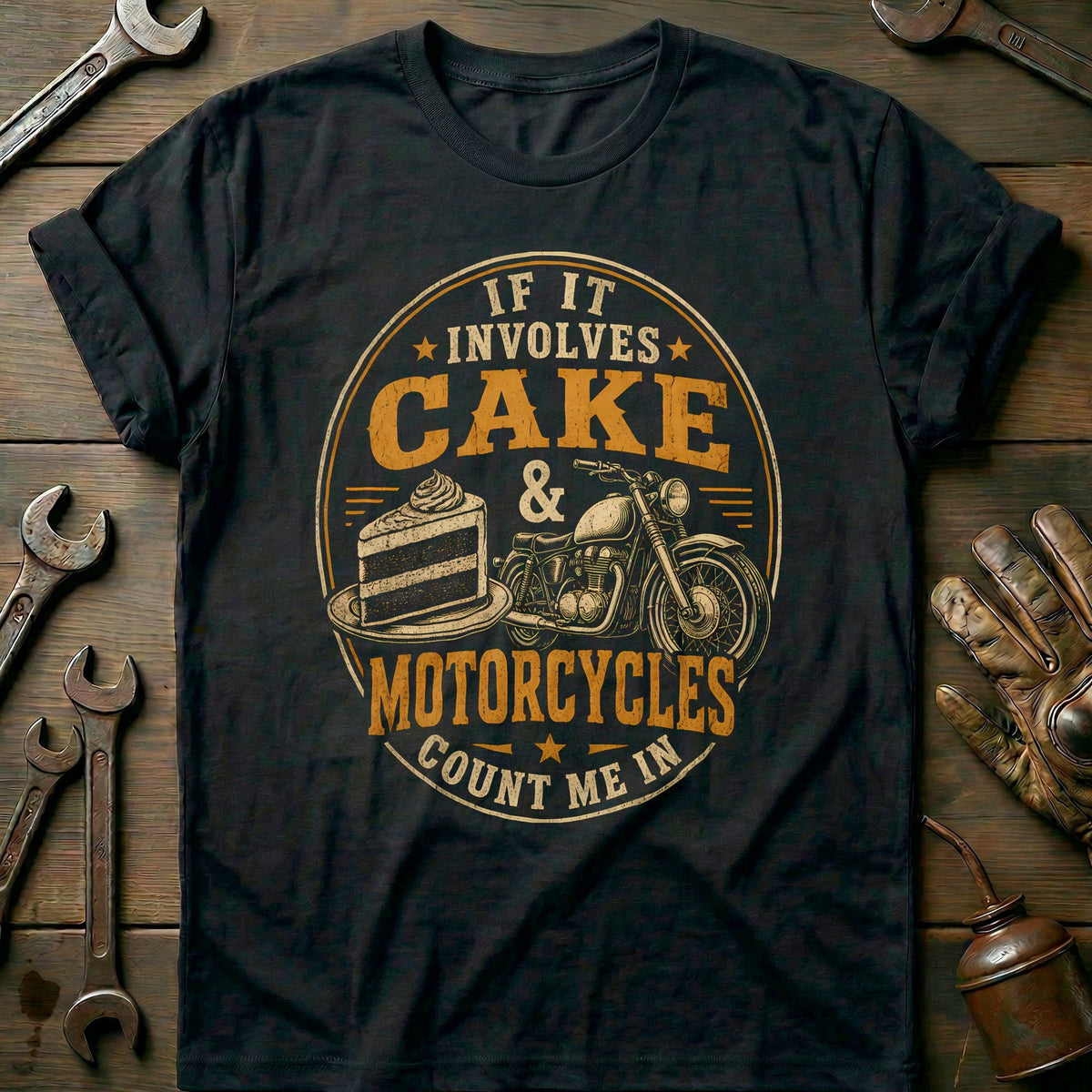 Cake and Motorcycles Emblem T-Shirt US Gift For Biker