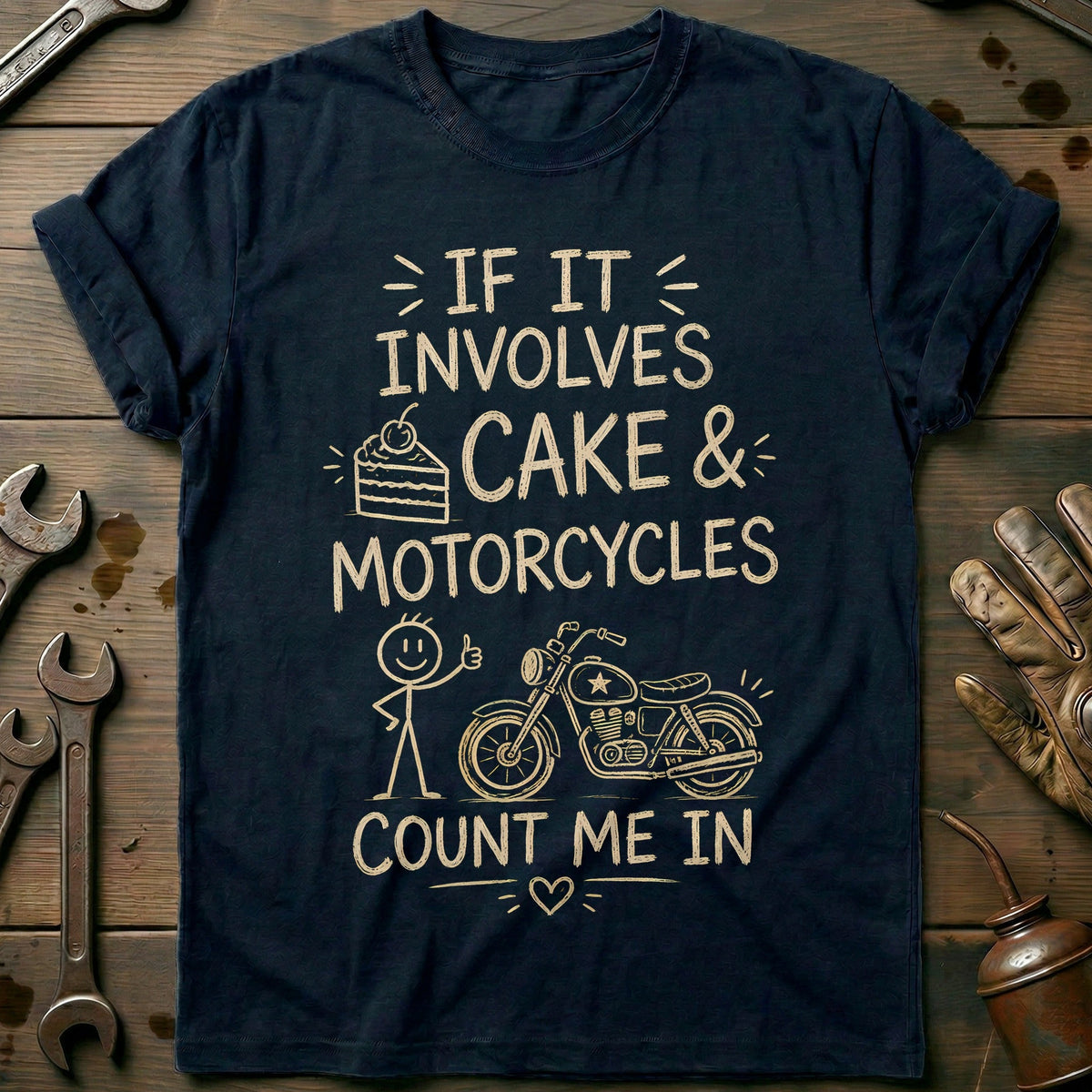 Cake and Motorcycles Doodle T-Shirt GC Gift For Biker
