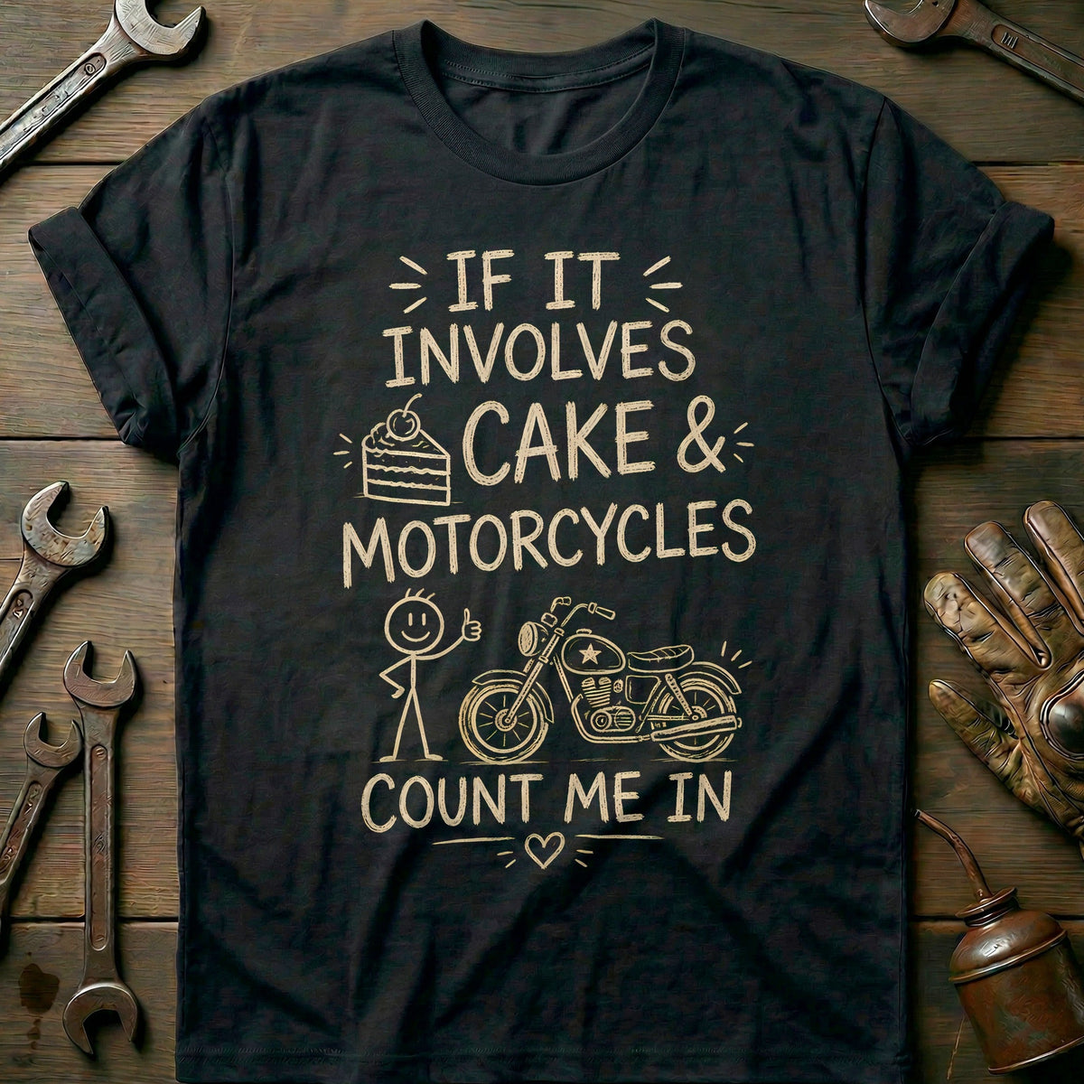 Cake and Motorcycles Doodle T-Shirt GC Gift For Biker