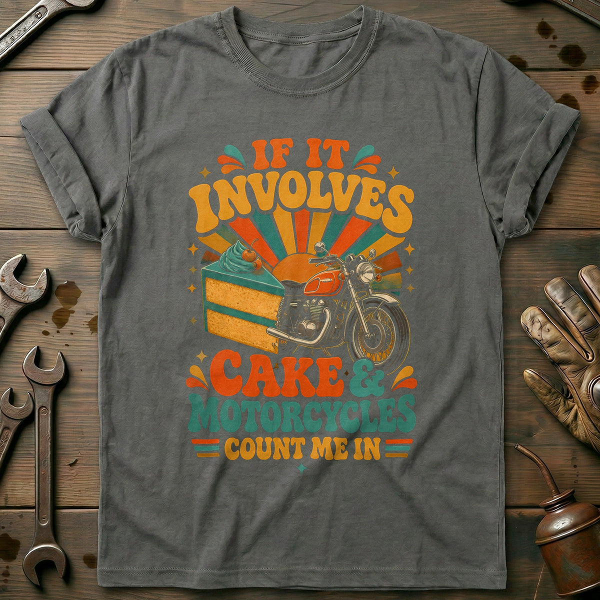 Cake and Motorcycles Groovy T-Shirt EU Gift For Biker