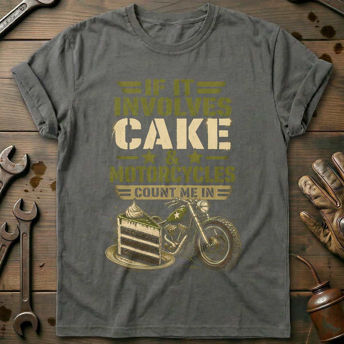 Cake and Motorcycles Stencil T-Shirt EU Gift For Biker