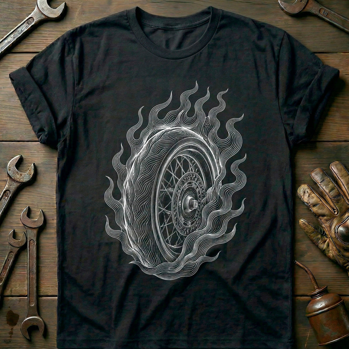Flaming Wheel Engraving Motorcycle T-Shirt EU Gift For Biker