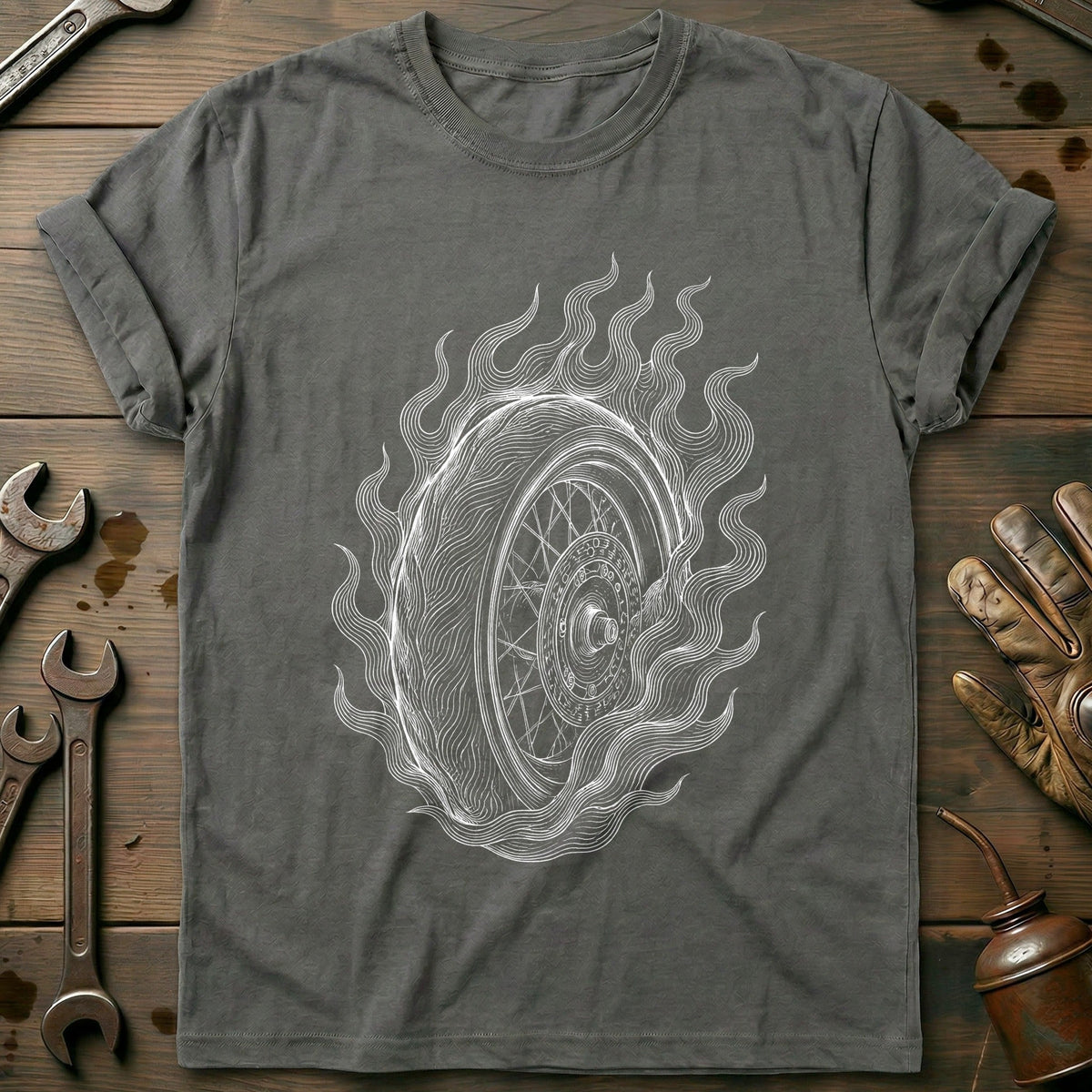 Flaming Wheel Engraving Motorcycle T-Shirt US Gift For Biker