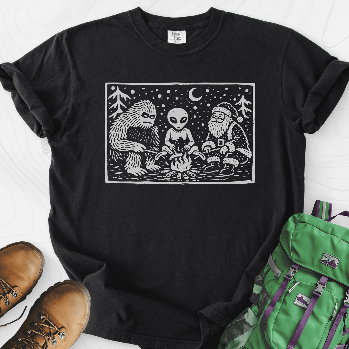 Cryptid Christmas Campfire T-Shirt Gift For Hiker