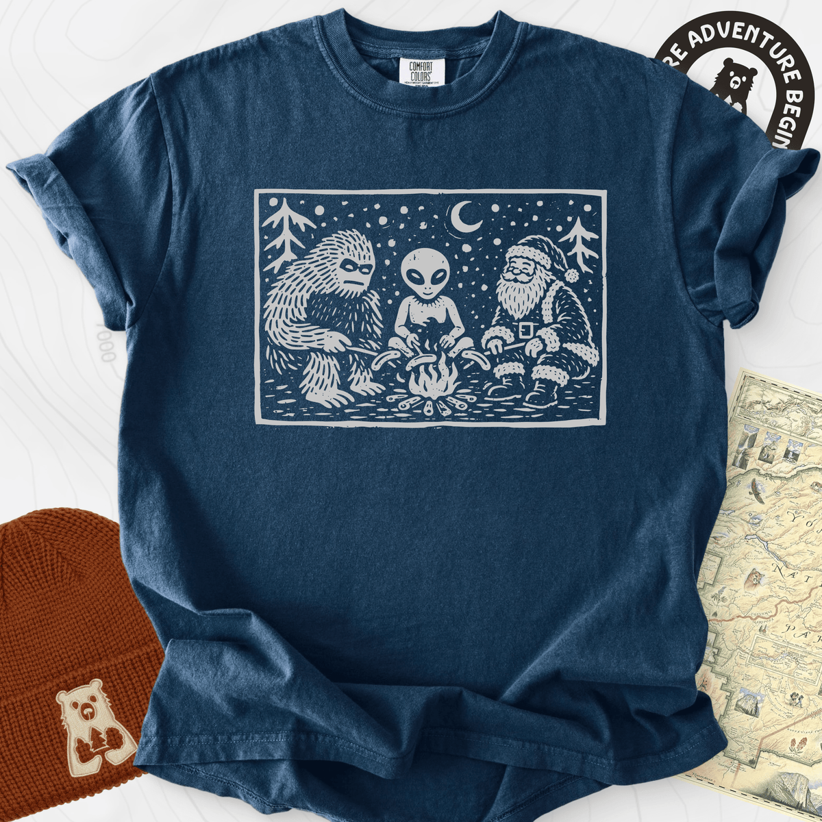 Cryptid Christmas Campfire T-Shirt Gift For Hiker