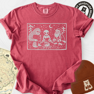 Cryptid Christmas Campfire T-Shirt Gift For Hiker