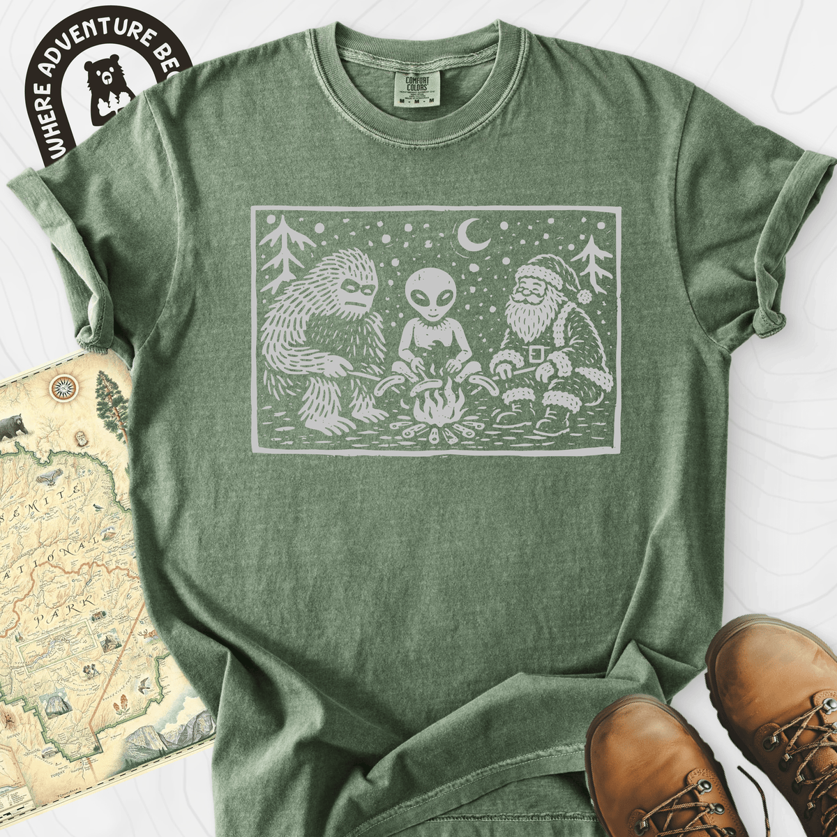 Cryptid Christmas Campfire T-Shirt Gift For Hiker
