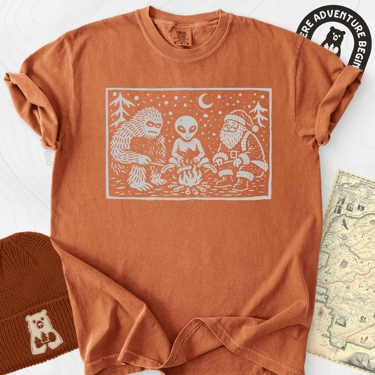 Cryptid Christmas Campfire T-Shirt Gift For Hiker