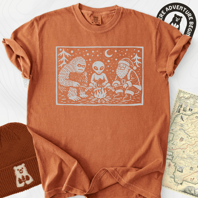 Cryptid Christmas Campfire T-Shirt Gift For Hiker