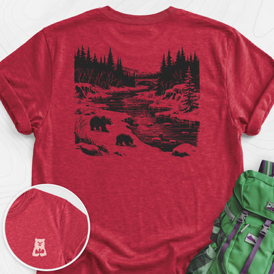 River Bear Scene Back Print Lightweight T-Shirt Gift For Hiker