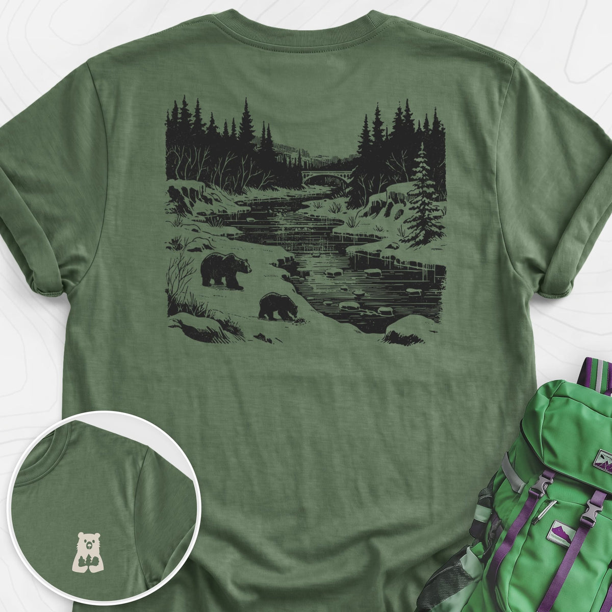 River Bear Scene Back Print Lightweight T-Shirt Gift For Hiker