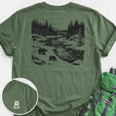 River Bear Scene Back Print Lightweight T-Shirt Gift For Hiker