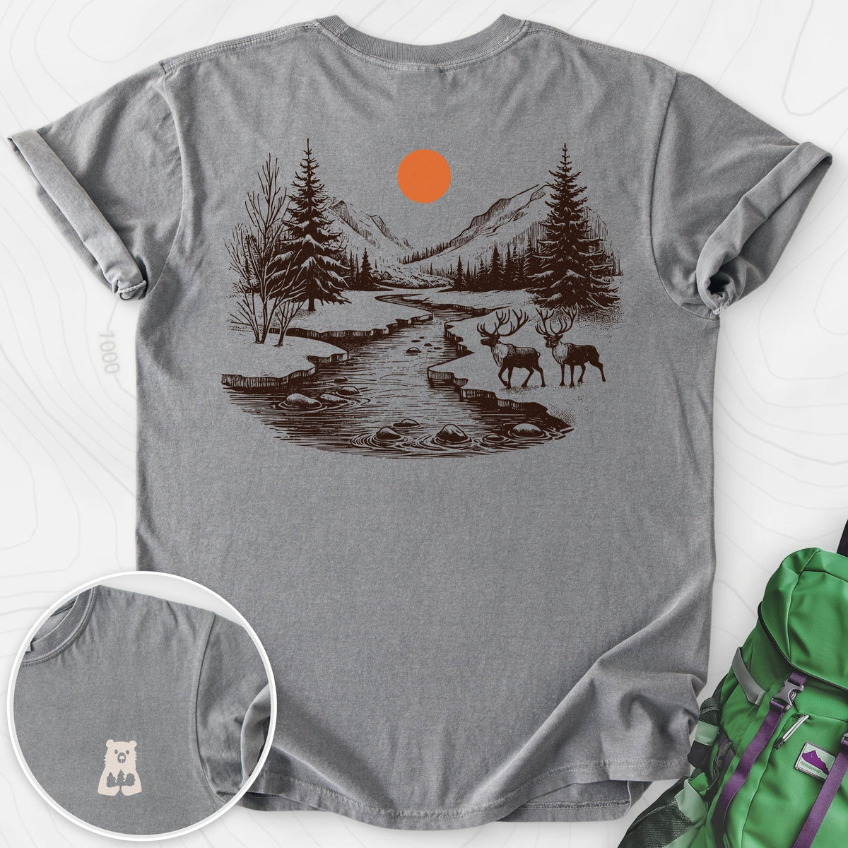 Mountain River Elk Back Print T-shirt Gift For Hiker