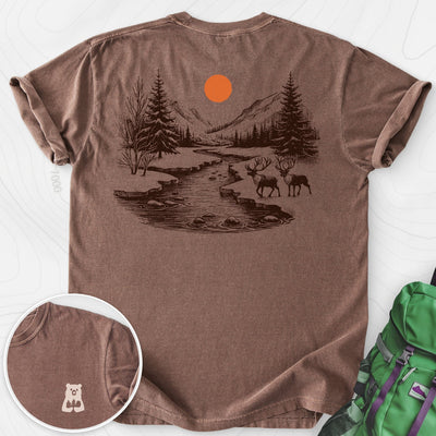 Mountain River Elk Back Print T-shirt Gift For Hiker
